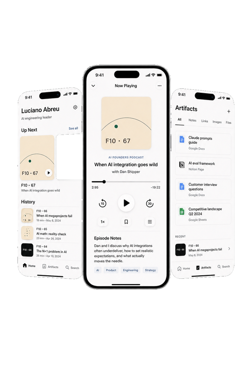 Three Fio app screens showing the home, podcast player, and saved content