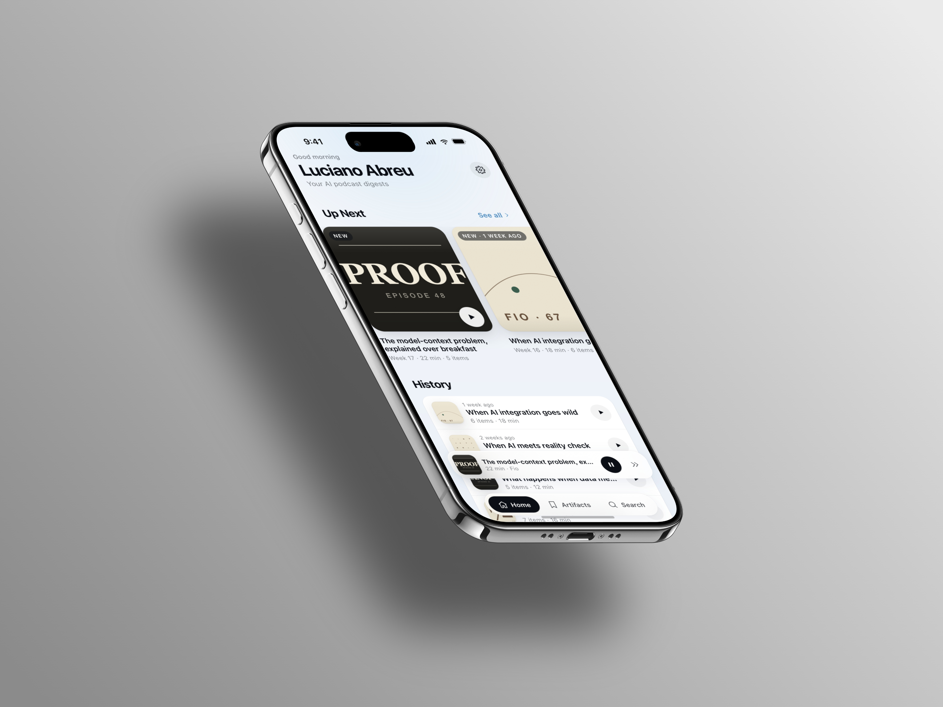 Isometric iPhone showing the Fio home screen