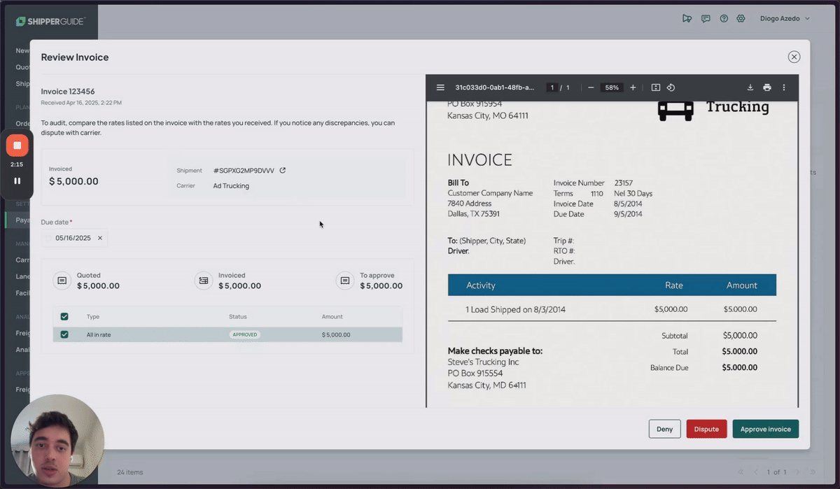 Freight-audit invoice review workflow in Loadsmart